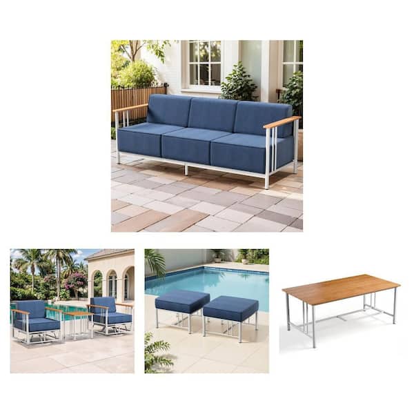 3-Seat Sofa, 3-Piece Rocking Chair Set, Coffee Table and Ottoman with Blue Cushions (2-Pack)