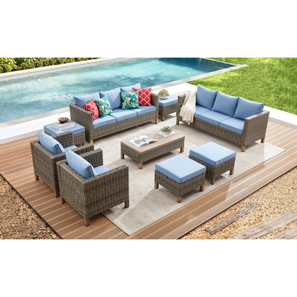 Summax 9-Piece Wicker Patio Conversation Set with Blue Cushions SMX06 ...