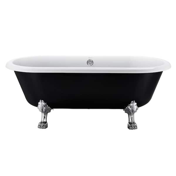 VANITYFUS 66.3 in. Acrylic Freestanding Clawfoot Soaking Bathtub in Black with Brass Drain and Overflow