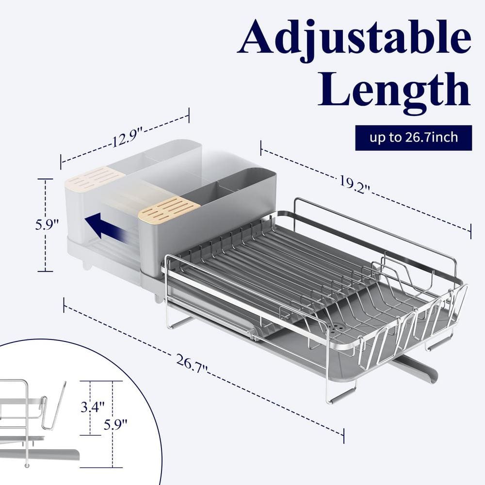 Silver Stainless Steel Expandable Dish Drying Rack with Utensil Cup