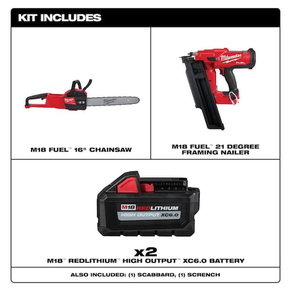 M18 FUEL 16 in. 18V Brushless Battery Electric Chainsaw w/3-1/2 in. 21-Degree Framing Nailer, Two 6Ah HO Batteries