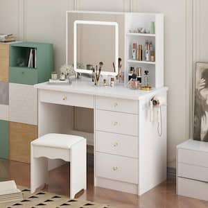 White Makeup Vanity Set Dresser Table with Dimmable Lighted Mirror, Power Strip and Hair Dryer Holder, 5-Drawers, Stool