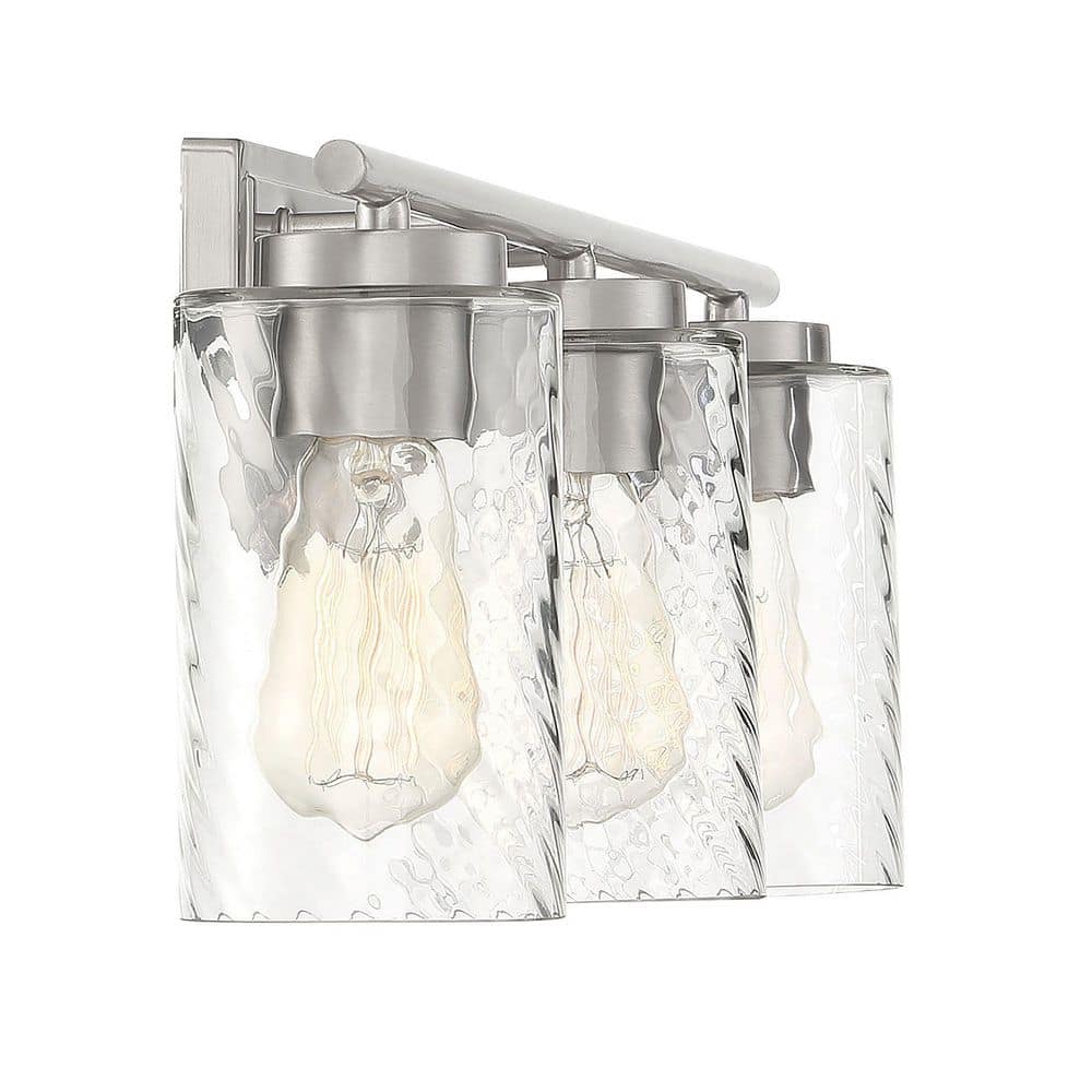 Transitional Brushed Nickel 3-Light Outdoor Bath Bar with Clear Swirl Glass