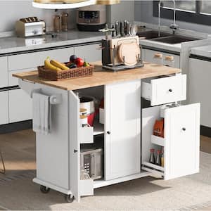 White Rubber Wood Top 53.9 in. Kitchen Island with Drop Leaf, Cabinet door internal storage racks