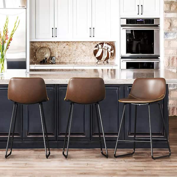 LUE BONA Alexander 24 in. Dark Brown Faux Leather Bar Stool Low Back Metal Frame Counter Height Bar Stool (Set of 5)