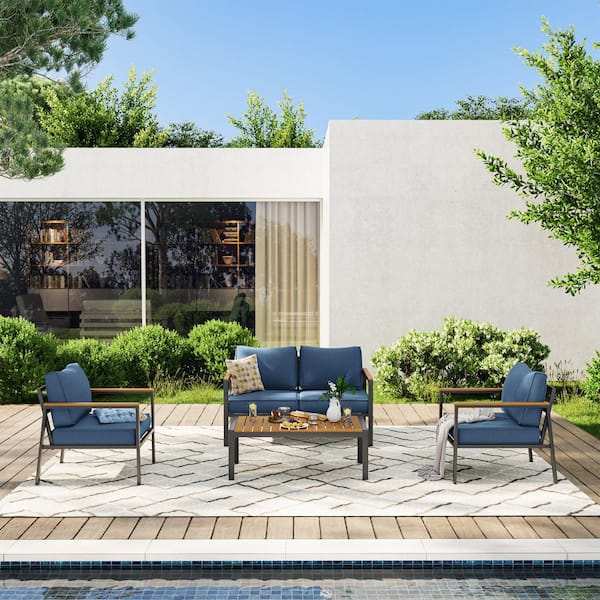 4 seat Aluminum Patio Furniture Set, Modern Outdoor Conversation Set Sectional Sofa with Coffee Table, Navy Blue