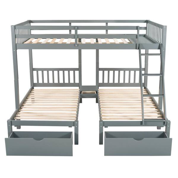 Twin Wood Bunk Bed With 3 Drawers, 3 Level Twin Bunk Bed