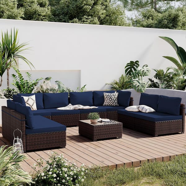 PATIOGUARDER 9-Piece Wicker Patio Conversation Seating Set with Navy Blue Cushions and Coffee Table