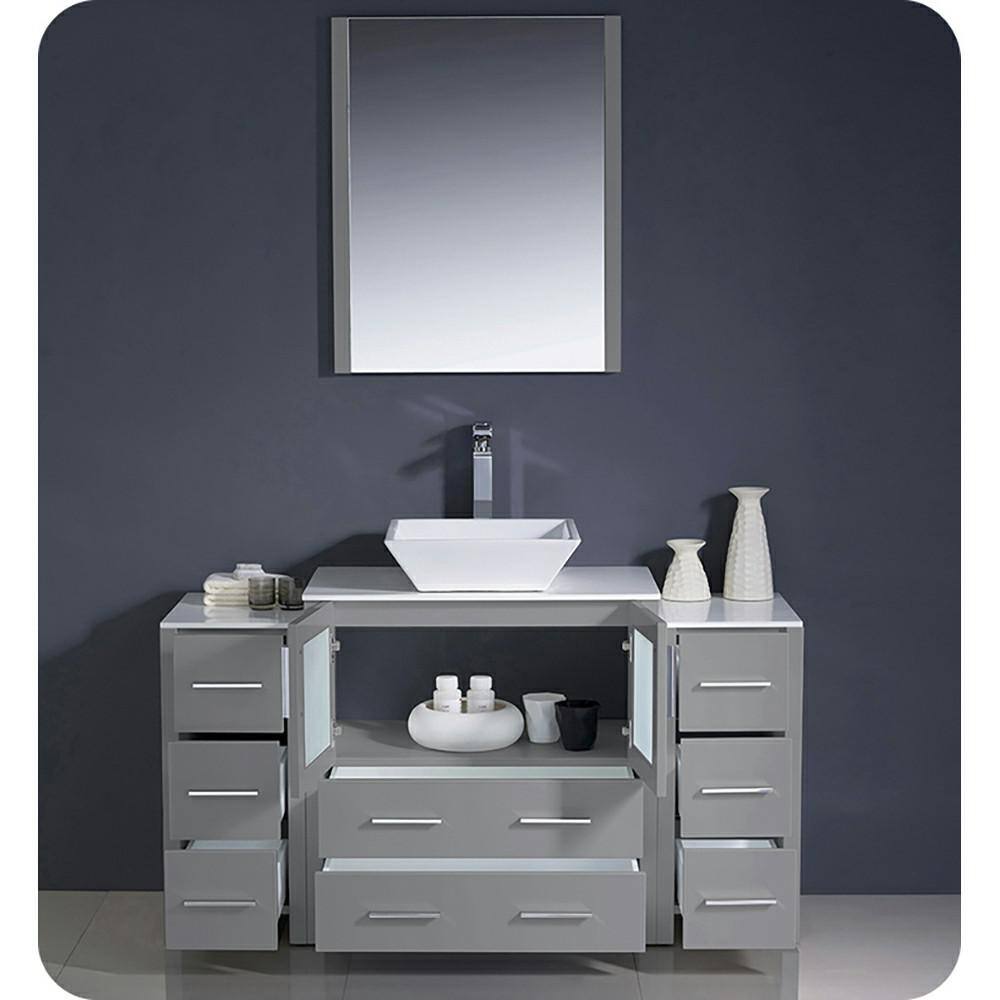 Gray Engineered Wood Modern Freestanding Vanity Base with Frosted Glass Doors