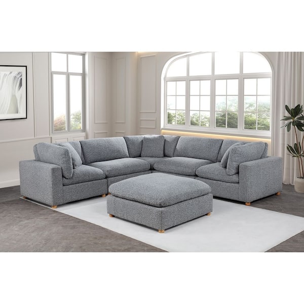Dexter 120 in. W Straight Arm 6-Piece Boucle Fabric Modular Sectional Sofa in Rich Grey Color