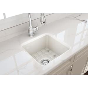 Sotto Undermount Fireclay 18 in. Single Bowl Kitchen Sink with Bottom Grid and Strainer in Biscuit