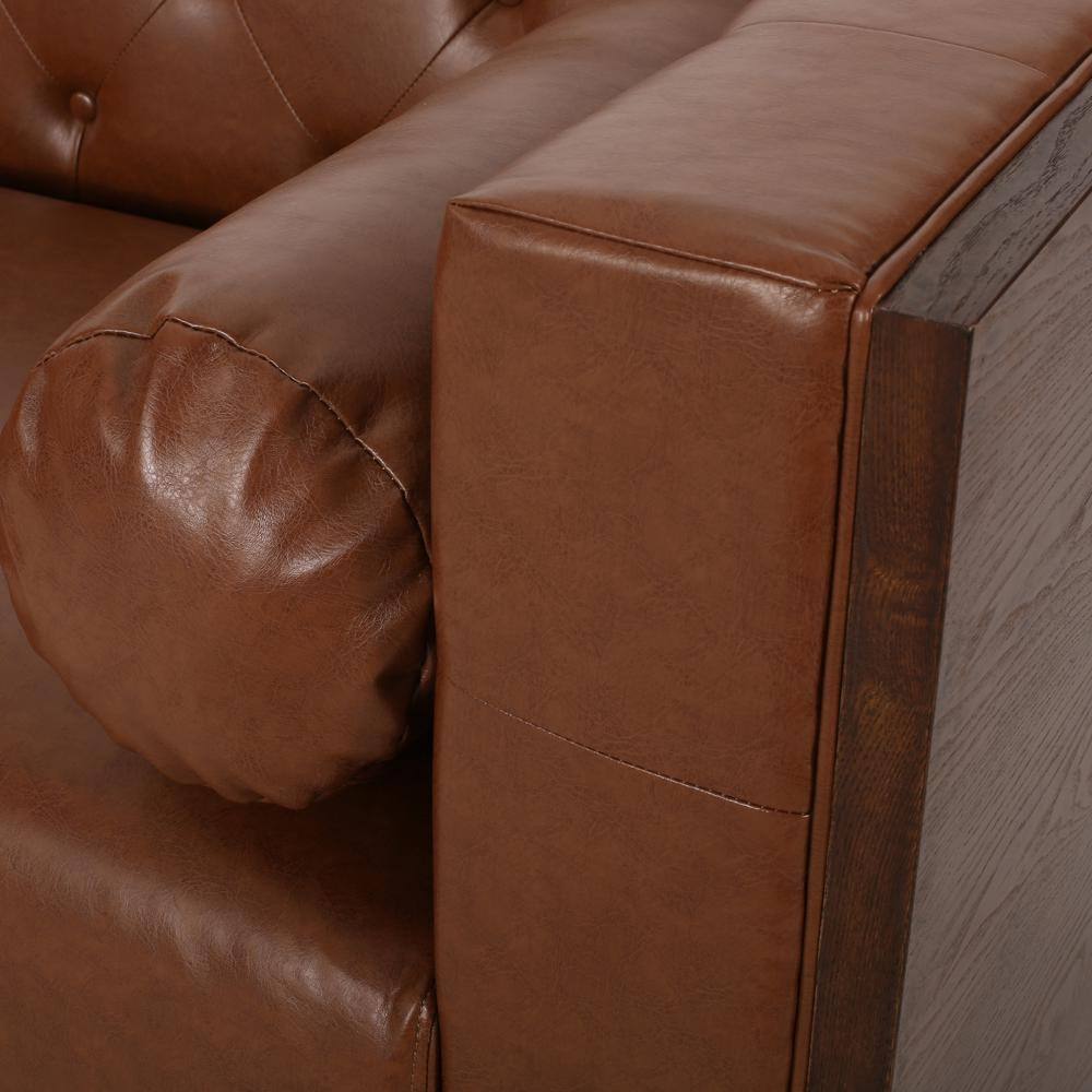 Cognac Brown Tufted Faux Leather 3-Seater Tuxedo Sofa with Wood Accents