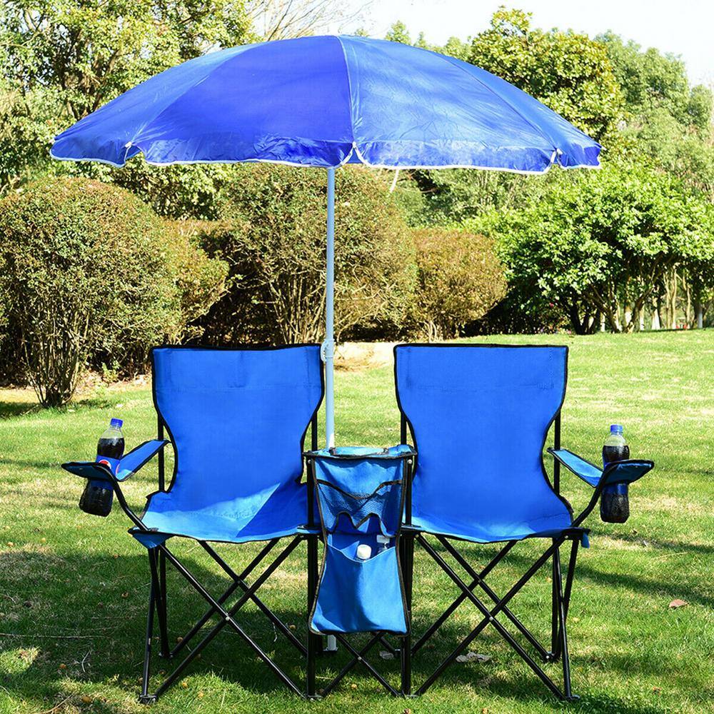 Blue Double Folding Camping Chairs with Umbrella and Cooler