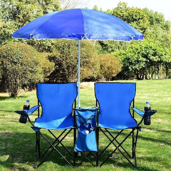 Blue Metal Folding Lawn Chair Camping Double Chair with Umbrella