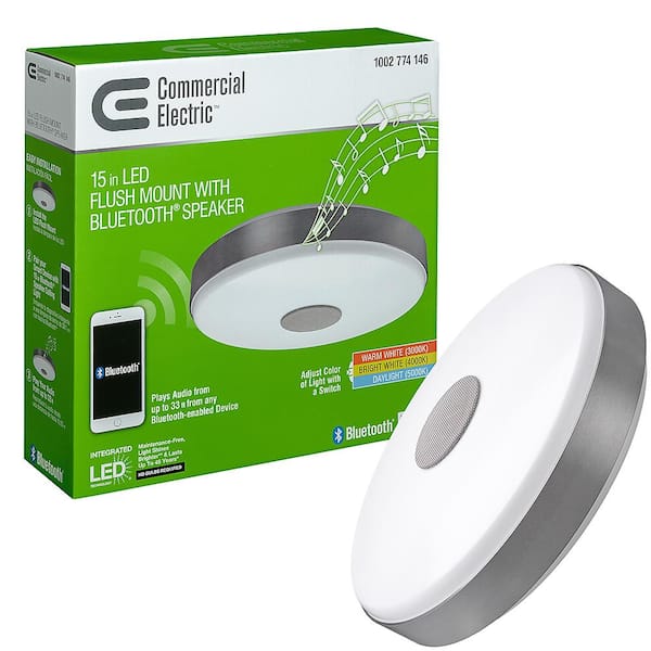 Commercial Electric 15 In Round Brushed Nickel Selectable Led Flush Mount Ceiling Light With Bluetooth Speaker 3000k 4000k 5000k Dimmable 54620311 The Home Depot With Bluetooth Speaker 3000k, Ceiling Mount Speakers Bluetooth
