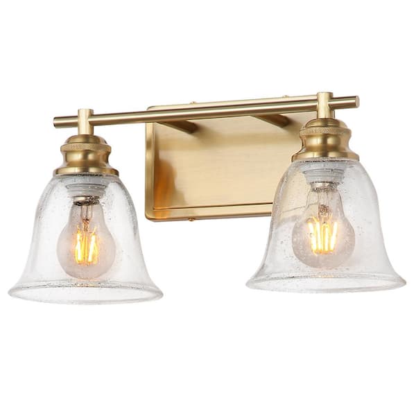 pasentel Modern 16 in. 2-LightBrushed Gold Vanity-Lightwith Seeded Glass Shade