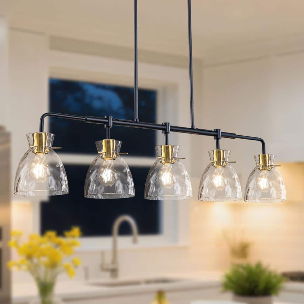 5-Light Modern Linear Pendant Light with Clear Ripple Glass Shades, Black Gold Kitchen Island Chandelier for Dining Room price history on PriceWatchPro