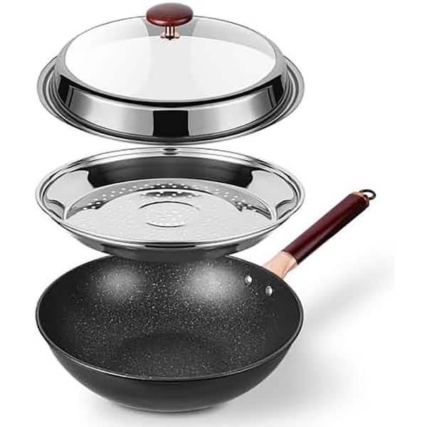 12.5 in. Wok Nonstick Ceramic Carbon Steel Pan w/ Lid, Steamer, Wooden Handle, Induction Safe for Gas/Electric Cooktops