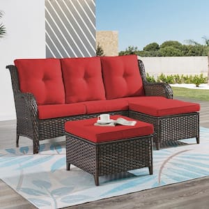 Brown 3-Piece Wicker Outdoor Patio Seating Conversation Set Sectional Sofa and Ottoman with Red Cushions