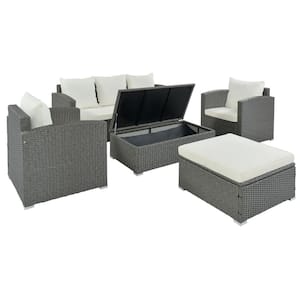 5-Piece PE Wicker Rattan Outdoor Bistro Sectional Sofa Set with Gray Wicker and Beige Cushion