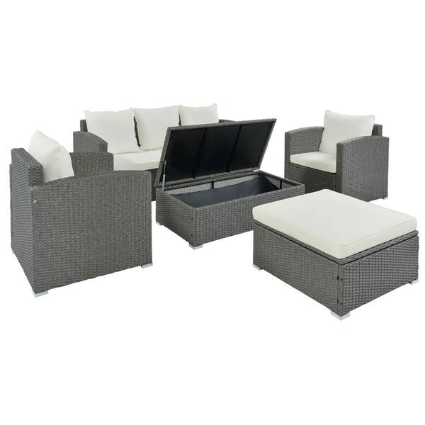 Unbranded 5-Piece PE Wicker Rattan Outdoor Bistro Sectional Sofa Set with Gray Wicker and Beige Cushion