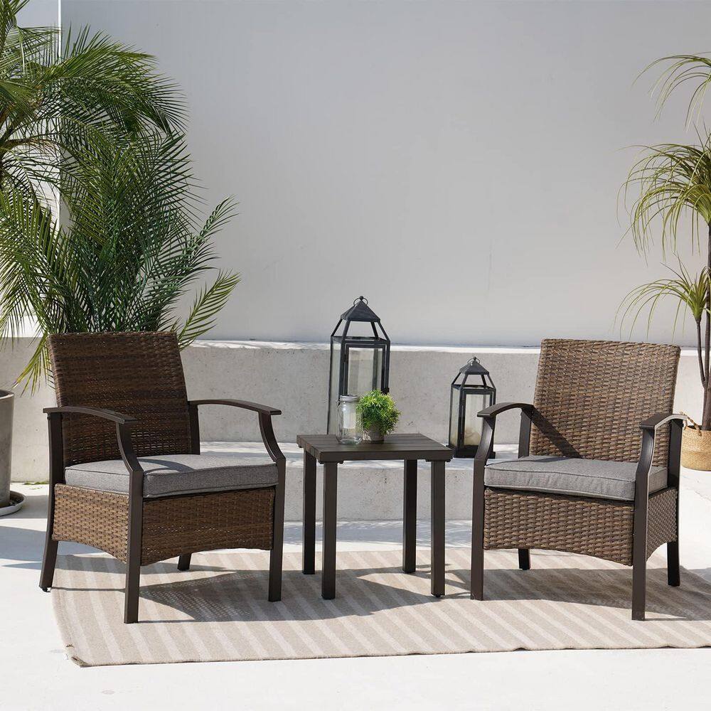3-Piece Metal Outdoor Bistro Set, Grey Cushions, Wicker and Steel Frame with Cushions price history on PriceWatchPro