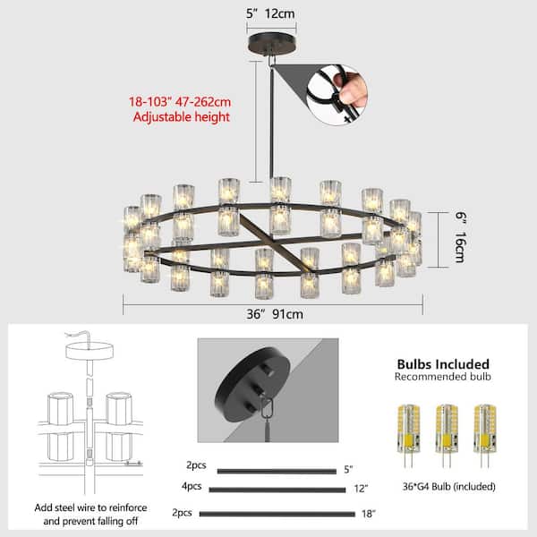 36-Light Black LED Crystal Chandelier with Iron Frame, Adjustable Height and G4 Bulb Included