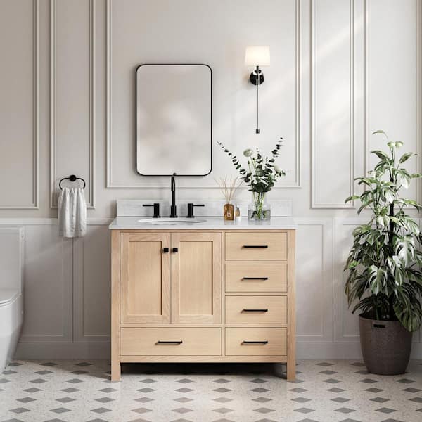 ARIEL Cambridge 43 in. W x 22 in. D x 35 in. H Single Freestanding Bath Vanity in Oak with Italian Carrara Marble Top
