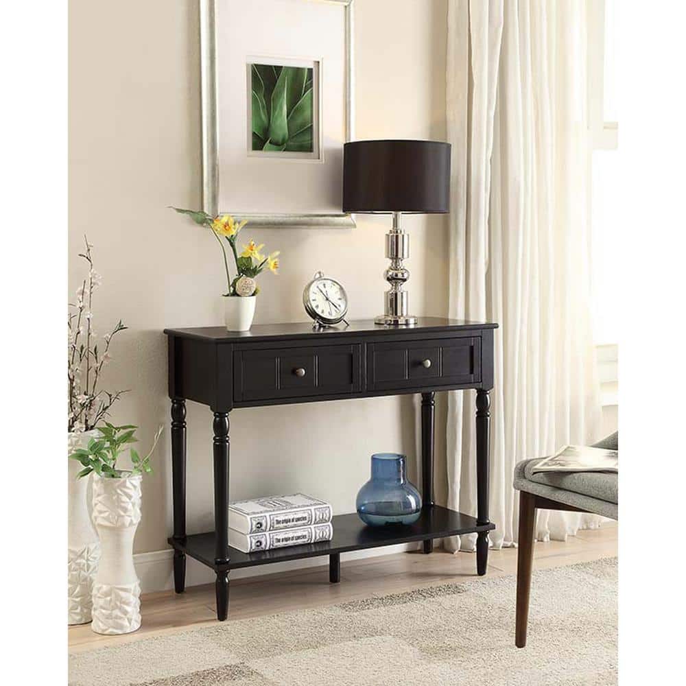 French Country Chic Black Wood Console Table with Storage Shelf