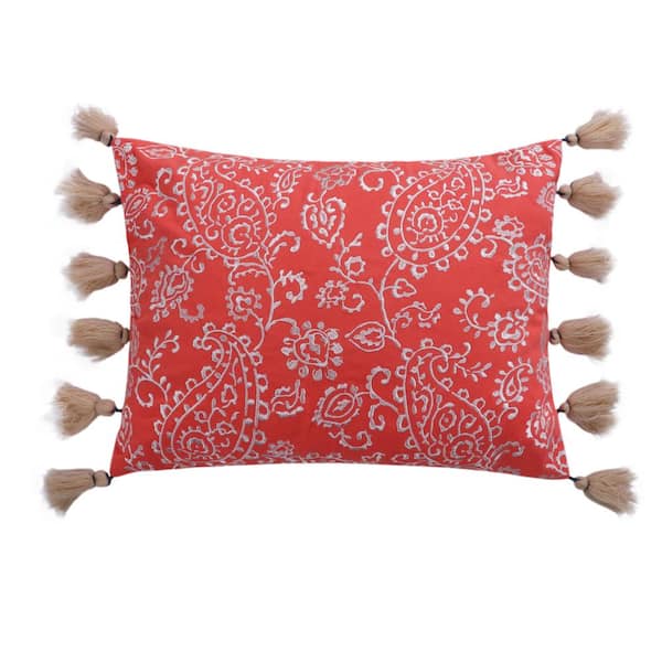 LEVTEX HOME Baystreet Coral, White Embroidered Paisley 14 in. x 18 in. Throw Pillow