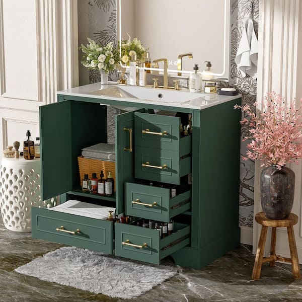 36 in. W x 18 in. D x 34 in. H Single Sink Freestanding Bath Vanity in Green with White Resin Top and 4 Drawer