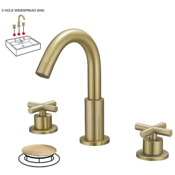 BWE 8 in. Widespread Double Handle High-Arc Bathroom Faucet Water-Saving With Drain Kit In Brushed Gold