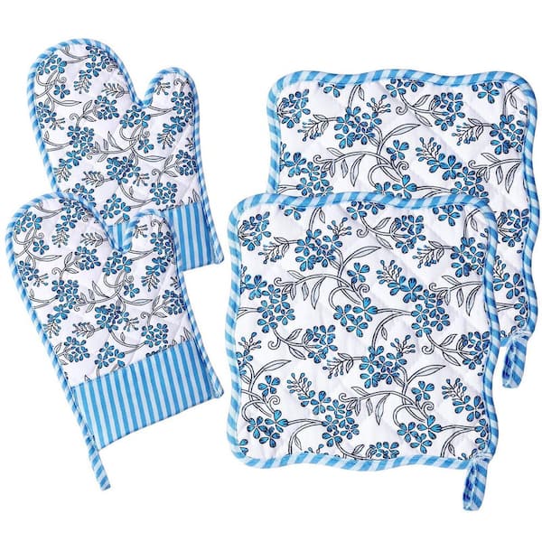 Blue Floral Print 100% Cotton Heat Resistant Pizza Baking Set with Oven Mitts, Pot Holders & Coasters 4-Pack