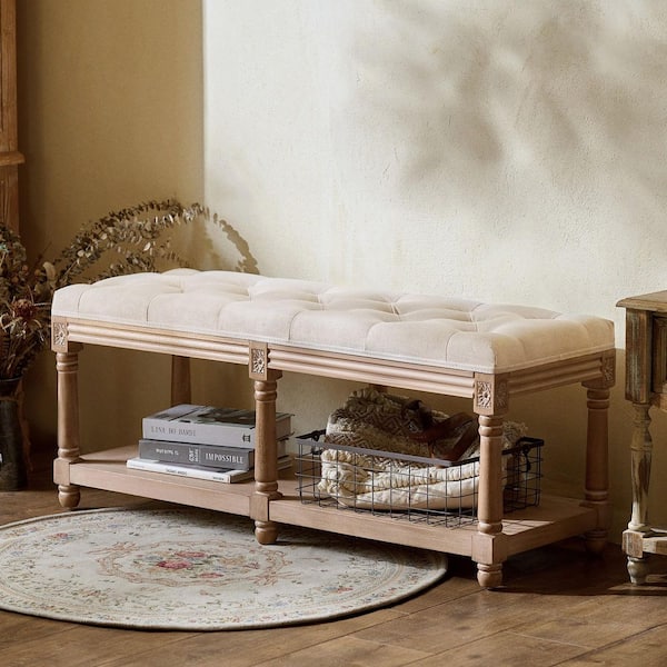 Solid Wood French Vintage Linen Upholstered Bedroom Bench with Storage Shelf (18.5 in. H x 45.3 in. W x 15.7 in. D)