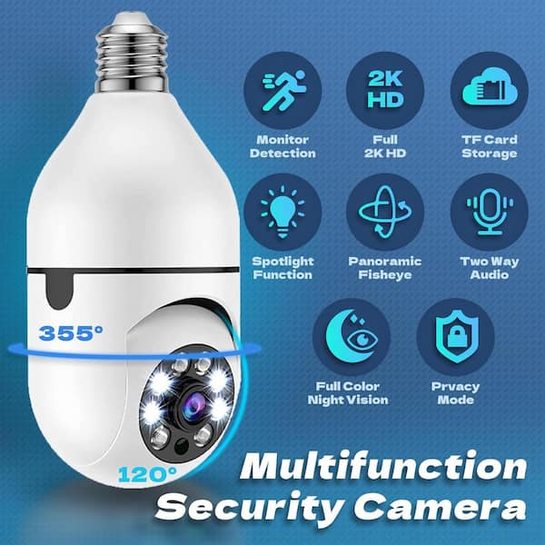 Lukyamzn Wireless Indoor Plug-in WiFi Security Camera with Color Night Vision 2-Way Audio 2.45-5G Siren Alert E27 Socket, White