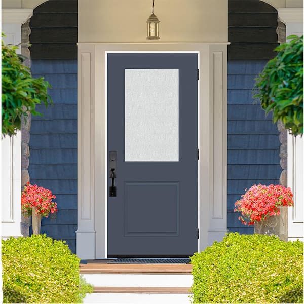 Legacy 36 in. W x 80 in. 1/2 Lite Rain Glass LHOS Primed Dark Denim Finish Fiberglass Prehung Front Door
