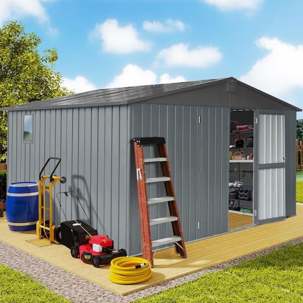 ToolCat 11 ft. W x 9 ft. D Outdoor Metal Shed Tool Storage Room with Steel Frame, Windows, Lockable Door, Dark Gray (99 sq. ft.)