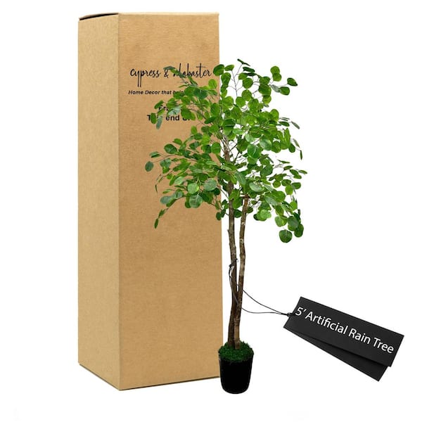 CYPRESS & ALABASTER Handmade 5 ft. Artificial Rain Tree in Home Basics Plastic Pot Made with Real Wood and Moss Accents