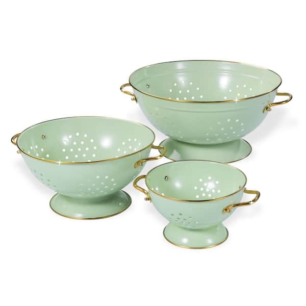 Green Metal Colander, Strainer Basket with Handles perfect for Spaghetti, Pasta, Berry, Vegetable, Fruit (Set of 3)
