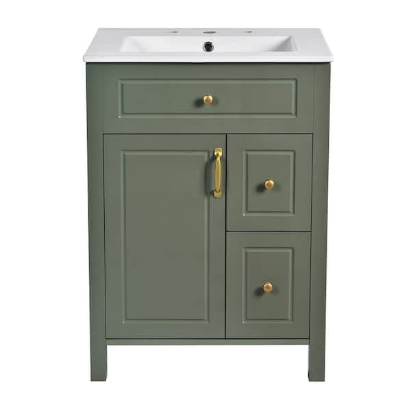 24 in. Single Sink Freestanding Green Bath Vanity with White Ceramic Top, Double Storage Racks
