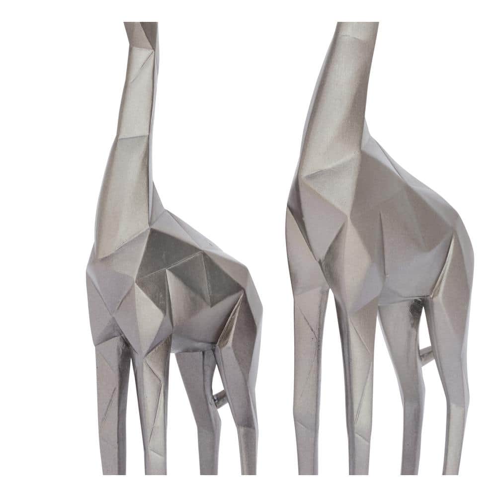 Silver Geometric Polystone Giraffe Sculptures, Set of 2