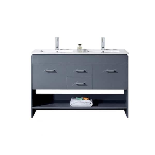 Virtu USA Gloria 48 in. W Bath Vanity in Gray with Ceramic Vanity Top in Slim White Ceramic with Square Basin