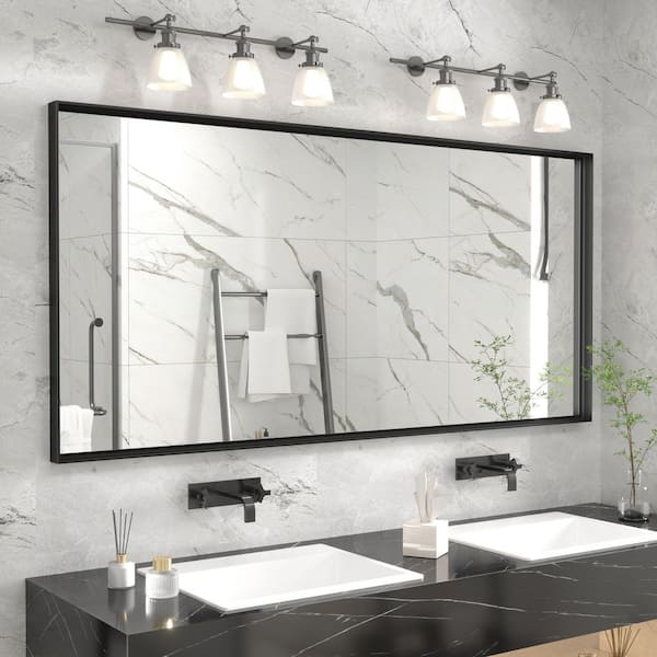 60 in. W x 28 in. H Rectangular Aluminum Alloy Framed and Tempered Glass Wall Bathroom Vanity Mirror in Matte Black