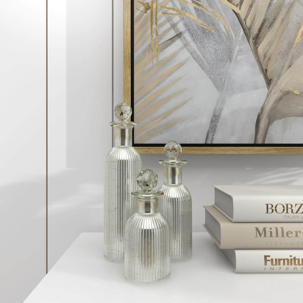 Set of Three Silver Ridged Glass Decorative Bottles with Crystal Stoppers