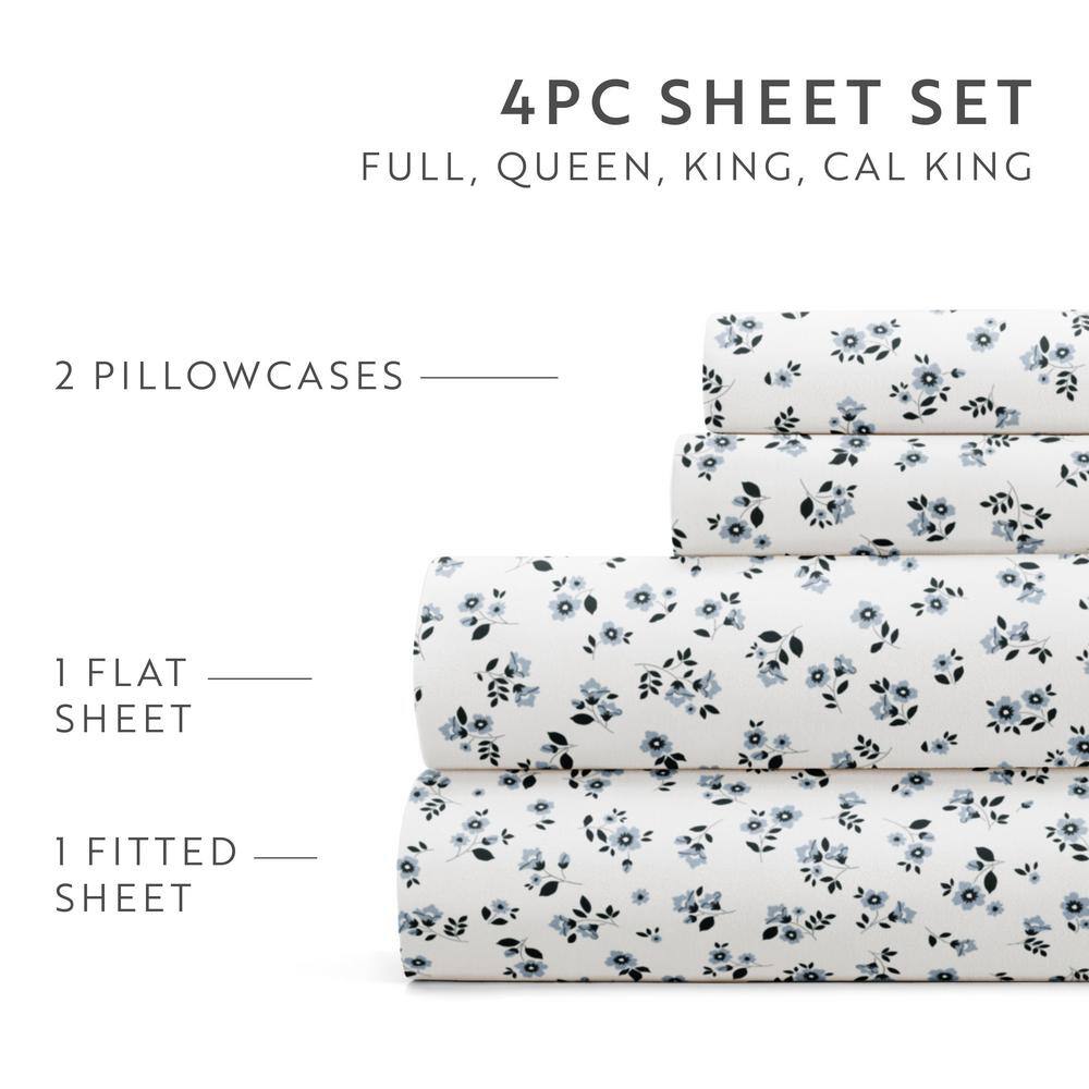 California King Blue Fog Floral Microfiber Sheet Set