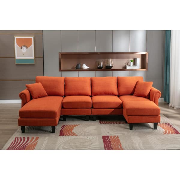 Homefun 108 In W Fabric Seat 2 Arms 4 Piece L Shaped Sectional Sofa Orange With Removable Ottoman And Wood Legs Hfhdsn 920or The
