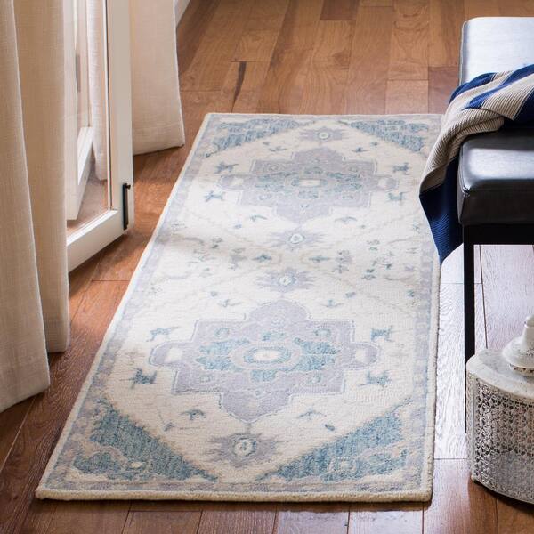Micro-Loop Ivory/Navy 2 ft. x 11 ft. Floral Medallion Runner Rug