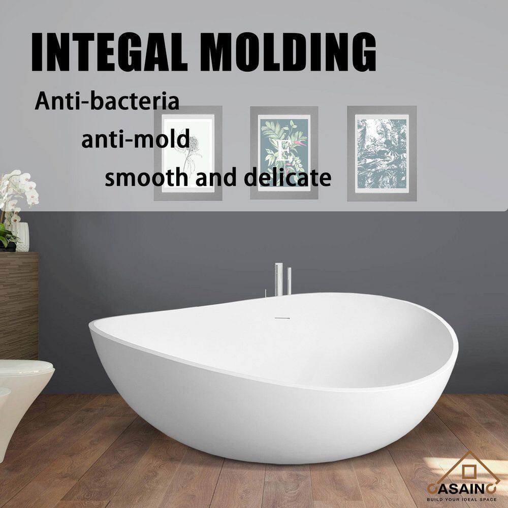 Matte White Solid Surface Freestanding Soaking Bathtub, 63-inch
