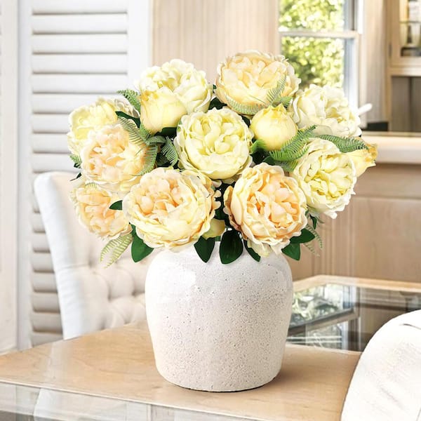 LIVING LUXURY 20 in. Champagne Ivory Artificial Lush Peony Flower