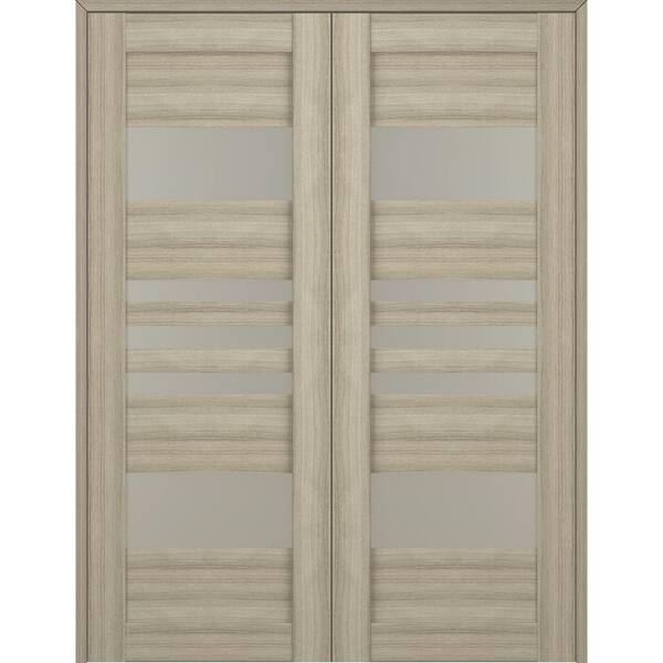 Leti 48 in. x 96 in. Both Active 5-Lite Frosted Glass Shambor Wood Composite Double Prehung Interior Door